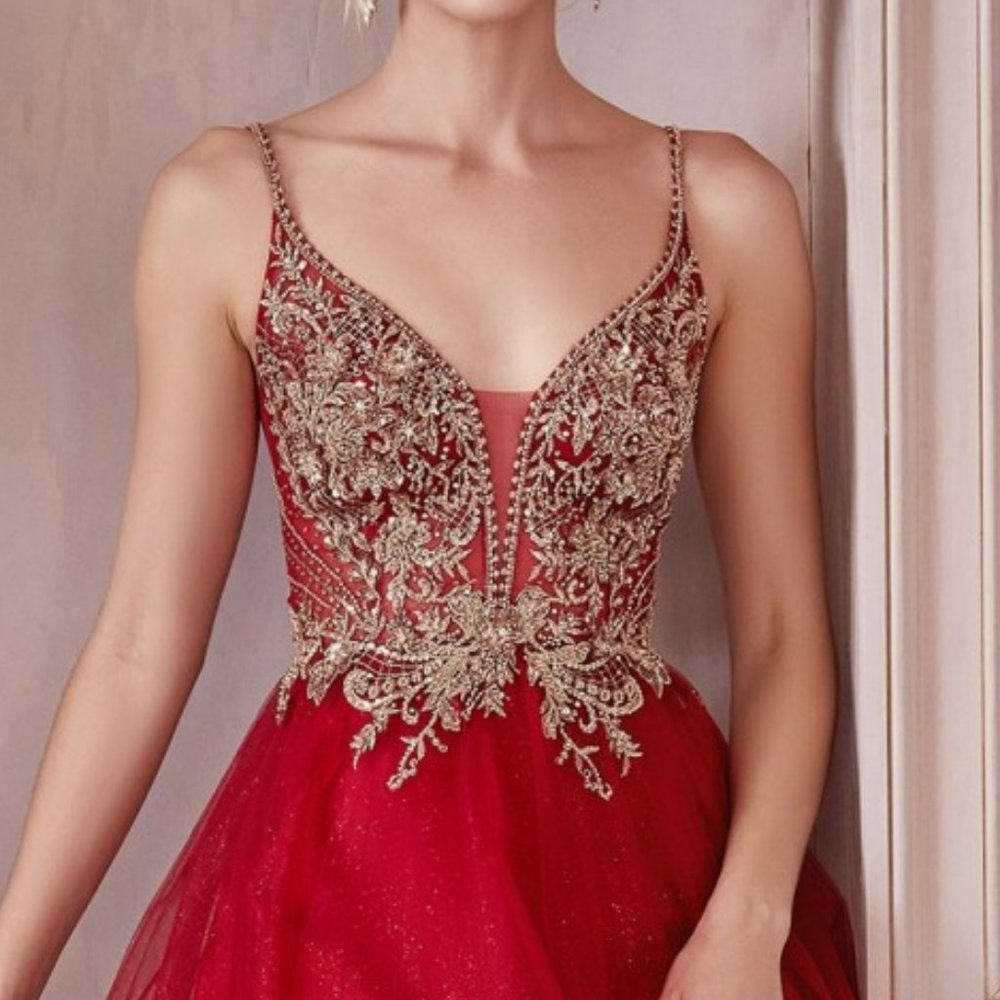 NEW BURGUNDY/GOLD LAYERED TULLE A-LINE FORMAL EVENING PARTY LONG GOWN CD0195 - Picture 7 of 8